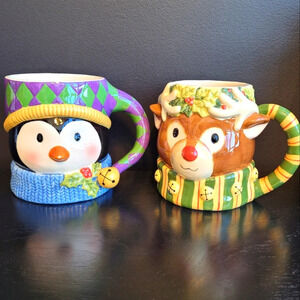 Susan Winget Rudolph Reindeer Penguin “Tis The Season“ 2 x 20oz Christmas  mugs